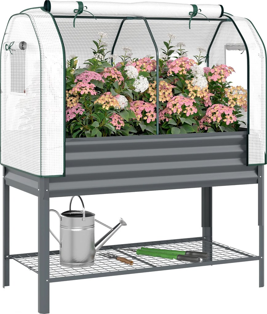 Outsunny Bazin de grădină pe picioare din metal cu seră, jardiniere ridicată cu căptușeală și poliță inferioară, Gri închis | Aosom Romania