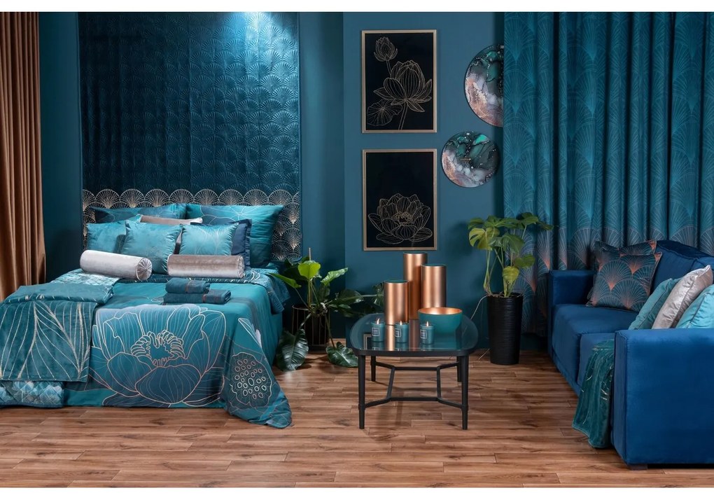 Pătură moale și plăcută la atingere decorată cu un motiv de frunze mari de lotus, turcoaz, auriu LOTOS 4 -COLECȚIE LIMITATĂ