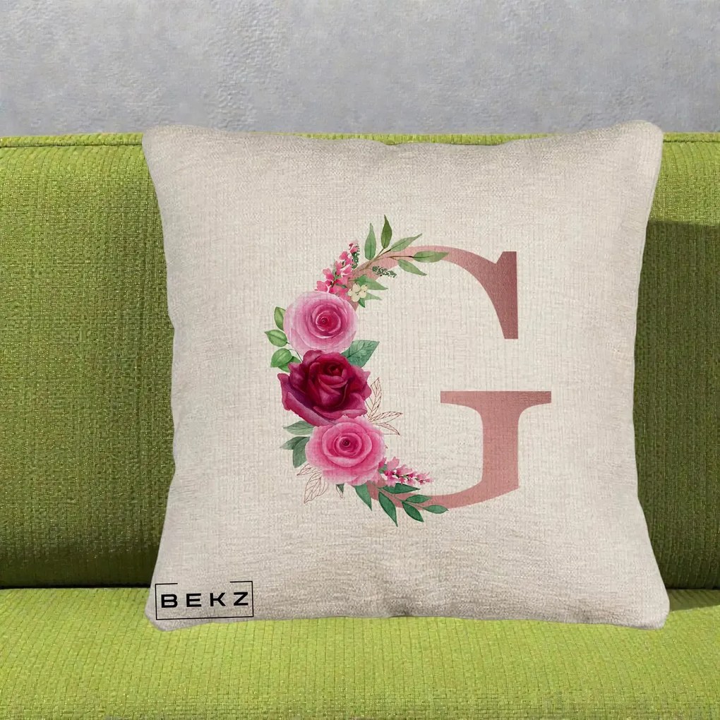 Cadou Personalizat - Perna Personalizata Monograma Rose Gold Litera G, 40x40 cm, Bej Canapea, Husa Detasabila, Perna Inclusa, BEKZ®