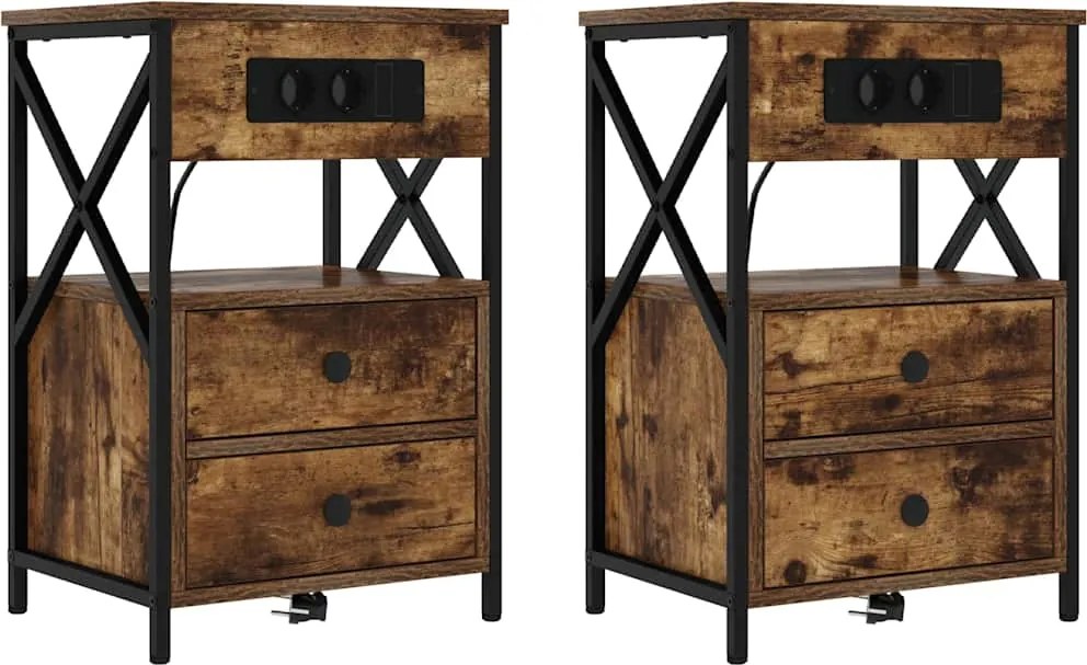 vidaXL Dulap de noapte cu sertar 2 pcs Stejar fumuriu 40 x 31 x 60 cm