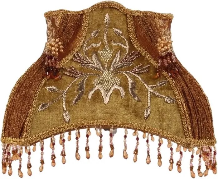 Abajur din mătase și organza, maro, formă dreptunghiulară, ornamente brodate cu mărgele și franjuri, 30 x 25 x 20 cm, „Lancret”