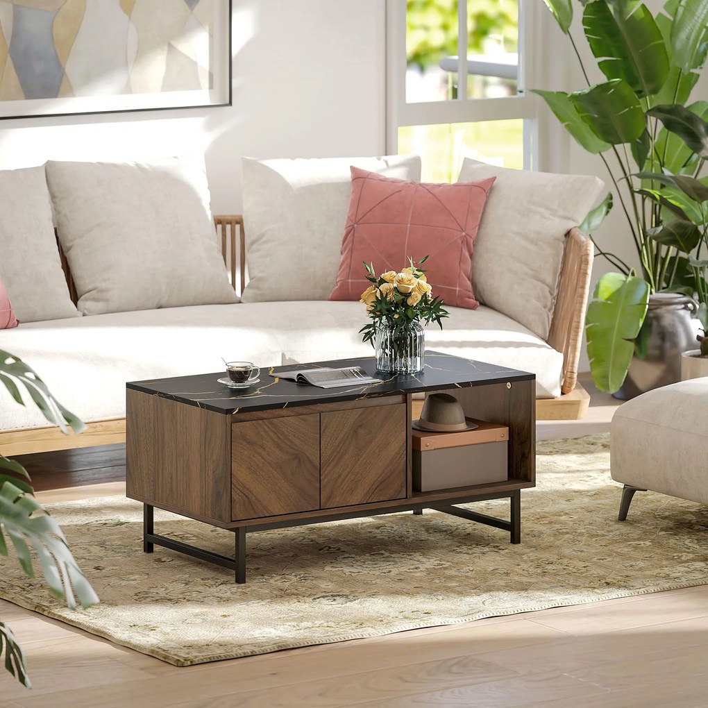 HOMCOM Masă de cafea, masă de living, blat efect marmură, 2 uși și 2 nișe deschise, 100 x 50,8 x 45,7 cm, nuc | Aosom Romania