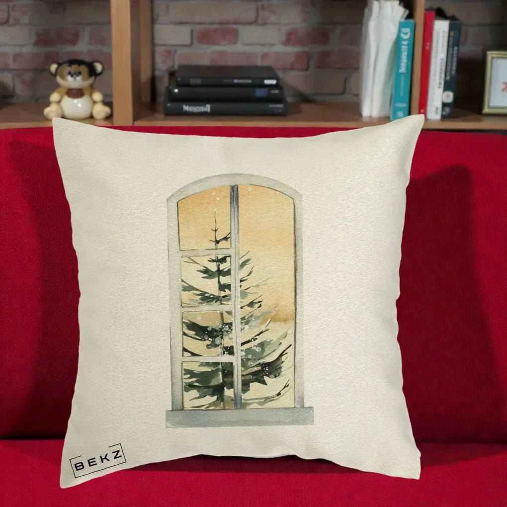 Perna Decorativa Fereastra cu Brad de Iarna, 40x40 cm, Ecru, Husa Detasabila, Perna Inclusa, BEKZ®