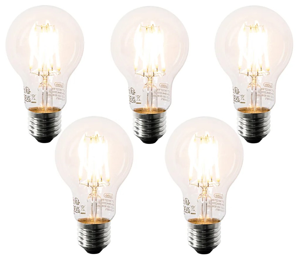 Set de 5 becuri LED E27 A60 transparente 6W 630lm 2200K