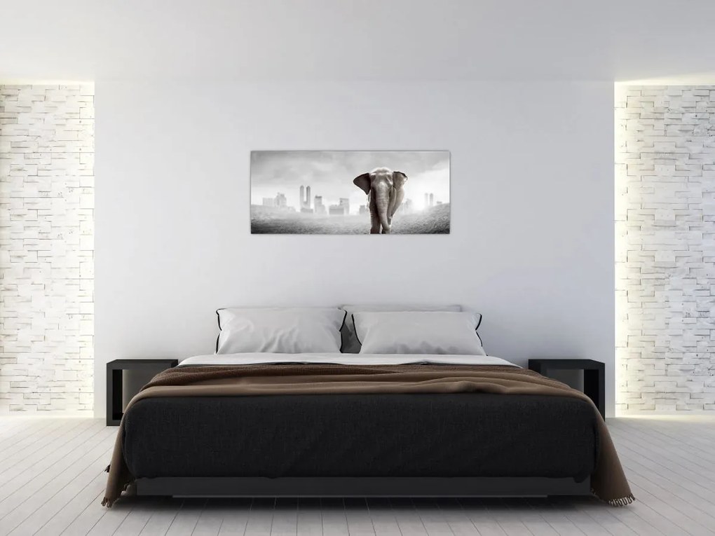 Tablou - Elefanți în oraș, versiunea alb-negru (120x50 cm)