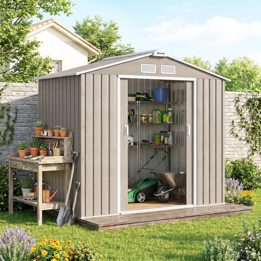 Outsunny Magazie Grădină Metalică cu Orificii de Ventilație și Ușă Culisantă Dublă pentru Grădinarit și DIY, 213x130x185 cm, Maro | Aosom Romania