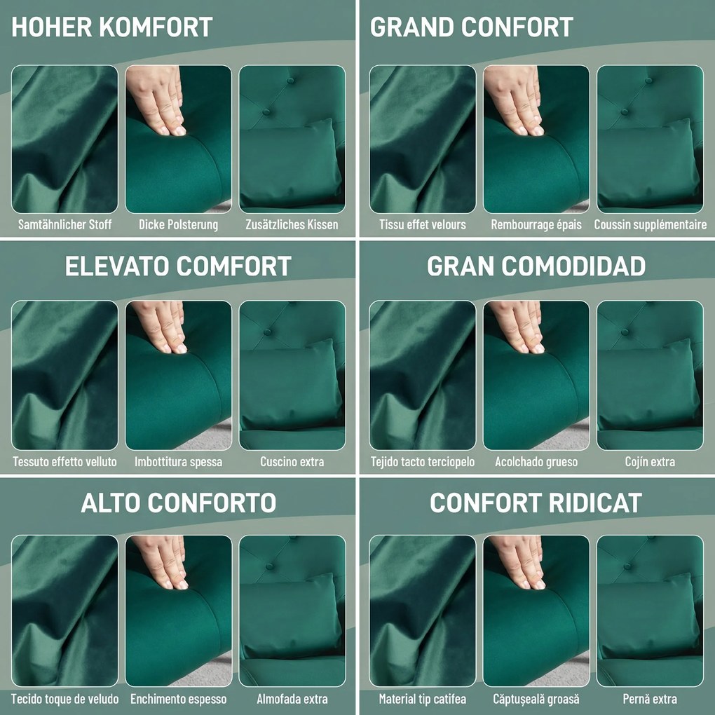HOMCOM Fotoliu Balansoar din Catifea cu Spătar Înalt, Fotoliu Balansoar cu Pernă și Brațe, 70x86x94 cm, Verde | Aosom Romania