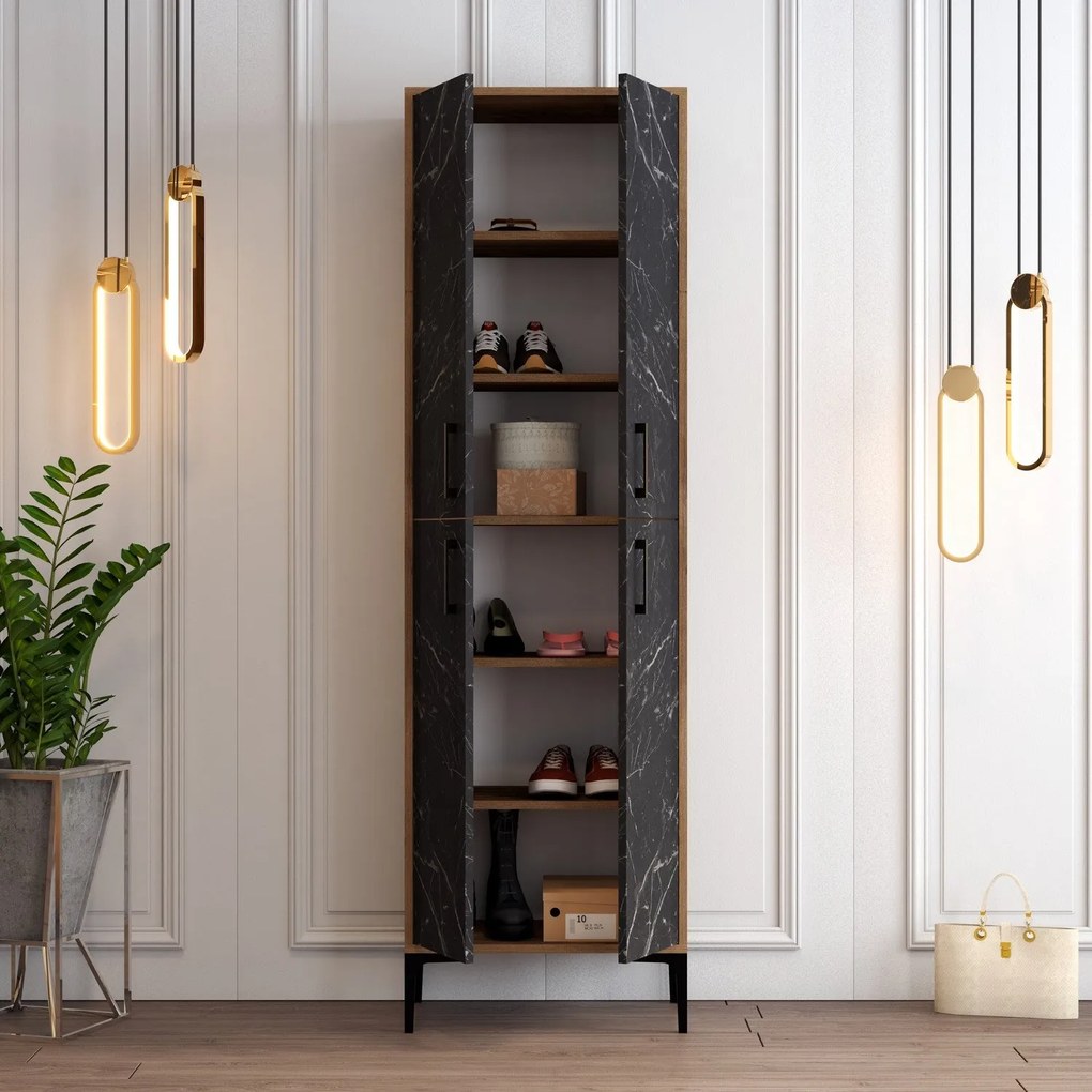 Comodă pentru pantofi Berlin A - Walnut, Black Marble