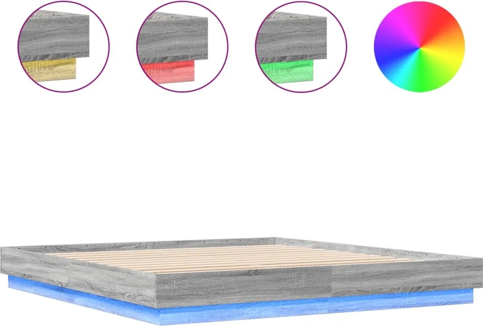 vidaXL Cadru de pat cu lumini LED, gri sonoma, 180x200 cm