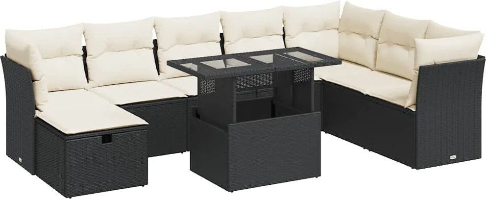 vidaXL Set mobilier de grădină cu perne, 9 piese, negru, poliratan