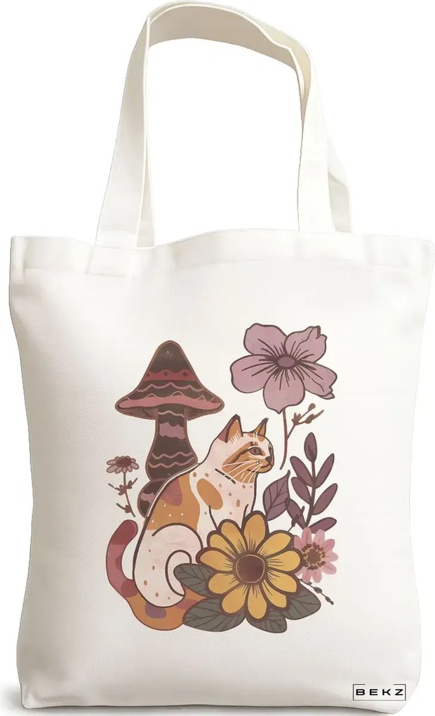 Sacosa de Panza pentru Cumparaturi, Geanta Tote Colorful Mushrooms 8, 38x34.5 cm, Alba, BEKZ®