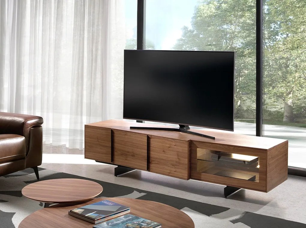 Comoda TV moderna cu design original si iluminat LED Wood