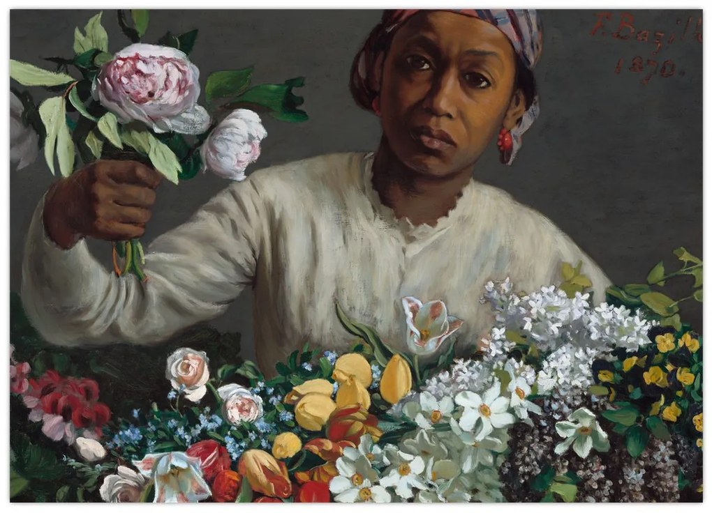 Tablou pe sticlă - Frédéric Bazille, Young Woman with Peonies, reproducere (70x50 cm)