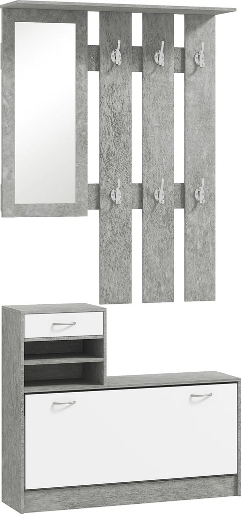 HOMCOM Mobilier Hol, 3 piese, cu Raft pentru Haine, Oglindă, 6 Cârlige, 2 Rafturi și Sertare, 90x24x177 cm, Gri | Aosom Romania