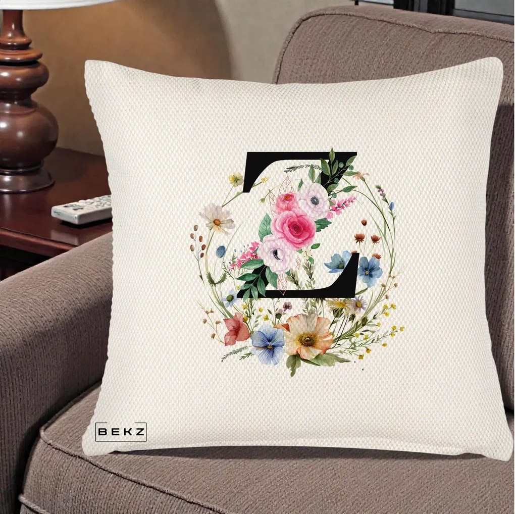 Cadou Personalizat - Perna Personalizata Monograma Florala Litera Z cu Coroana, 40x40 cm, Crem Reliefat, Husa Detasabila, Perna Inclusa, BEKZ®