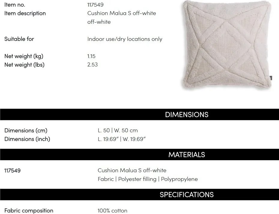 Perna design LUX, Bumbac, Off-white, Malua S