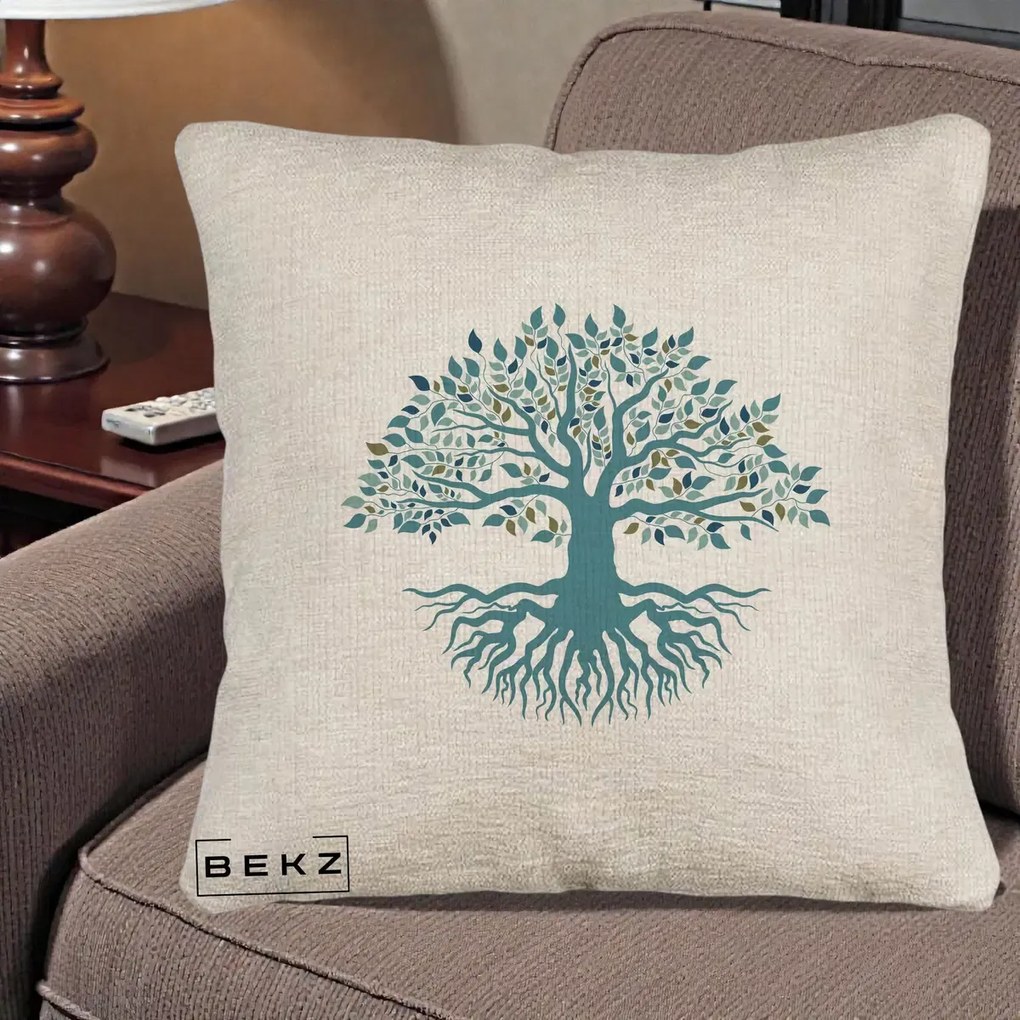 Perna Decorativa Copacul Vietii Teal cu Radacini, 40x40 cm, Bej Canapea, Husa Detasabila, Perna Inclusa, BEKZ®