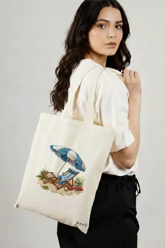 Sacosa de Panza pentru Cumparaturi, Geanta Tote, model Beach life 4 38 x 34.5 cm, Alba, BEKZ®