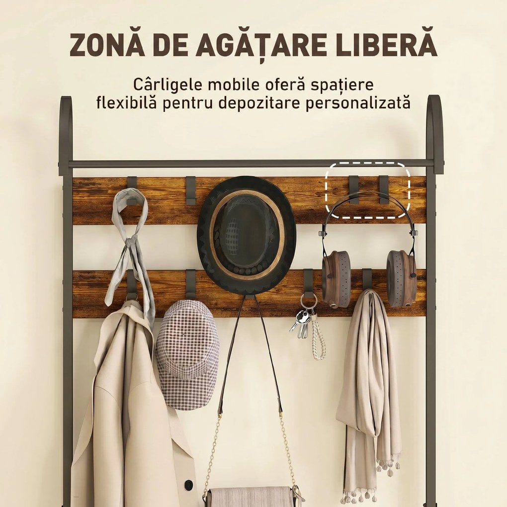 HOMCOM Suport de Haine de Intrare cu Bară, 10 Cârlige Mobile, Bancă și Raft pentru Încălțăminte, Mobilier în Pal și Metal, Design Industrial, 80x40x182 cm, Maro și Negru | Aosom Romania