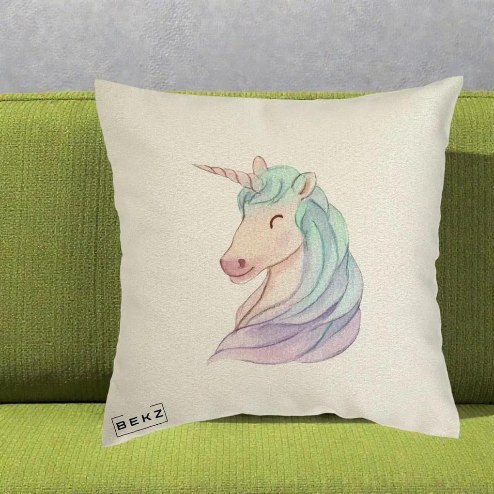 Perna Decorativa Unicorn Acuarela Pastel, 40x40 cm, Ecru, Husa Detasabila, Perna Inclusa, BEKZ®