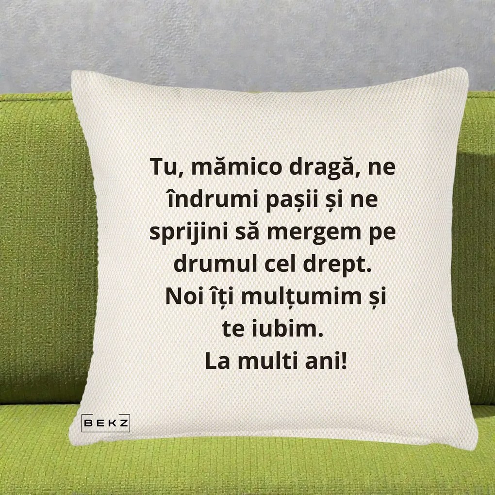 Cadou pentru Mama - Perna Personalizata Mamico Draga Te Iubim La Multi Ani cu Text Negru, 40x40 cm, Crem Reliefat, Husa Detasabila, Perna Inclusa, BEKZ®