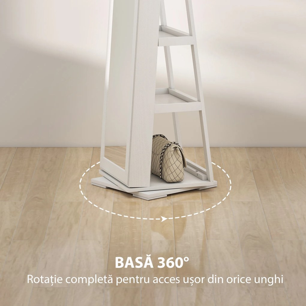 HOMCOM Oglindă Suport pentru Bijuterii, Oglindă de podea Pivotantă Modernă pentru Dormitor, 38x38x160 cm, Alb | Aosom Romania