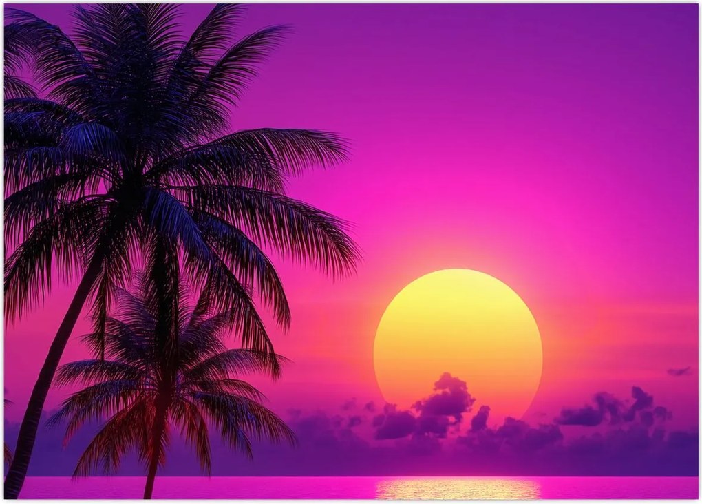 Tablou pe sticlă - Apus violet cu palmier (70x50 cm)