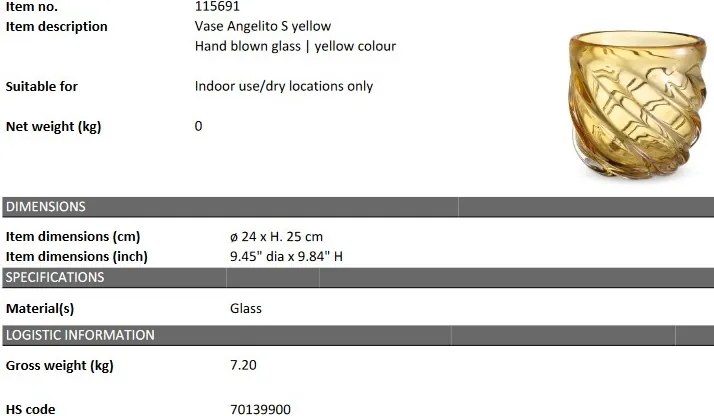 Vaza flori, Vas decorativ Angelito S, galben 115691 HZ