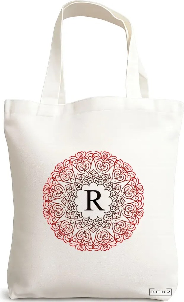 Sacosa de Panza pentru Cumparaturi, Geanta Tote, Cu litera R si Mandala, 38x34.5 cm, Alba, BEKZ®