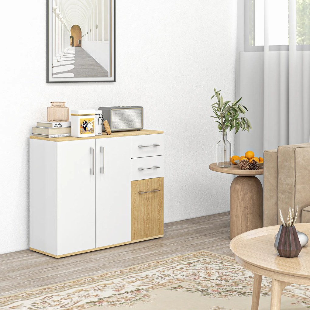 HOMCOM Bufet de Bucătarie cu 2 Sertare 2 Dulapuri și Rafturi Ajustabile pentru Sufragerie 90x30x75,5 cm Alb și Natural | Aosom Romania