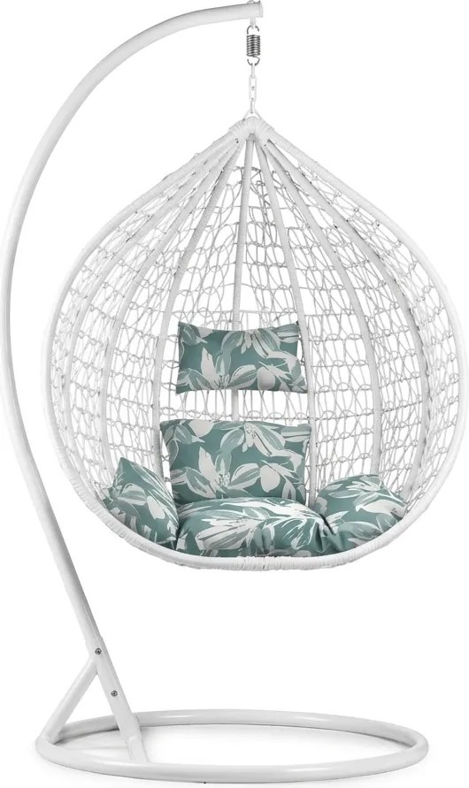 Scaun suspendat alb KOKON cu suport, perna verde-alb