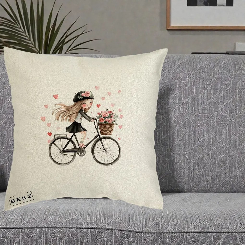 Perna Decorativa Fetita Kawaii pe Bicicleta cu Trandafiri si Inimioare, 40x40 cm, Ecru, Husa Detasabila, Perna Inclusa, BEKZ®