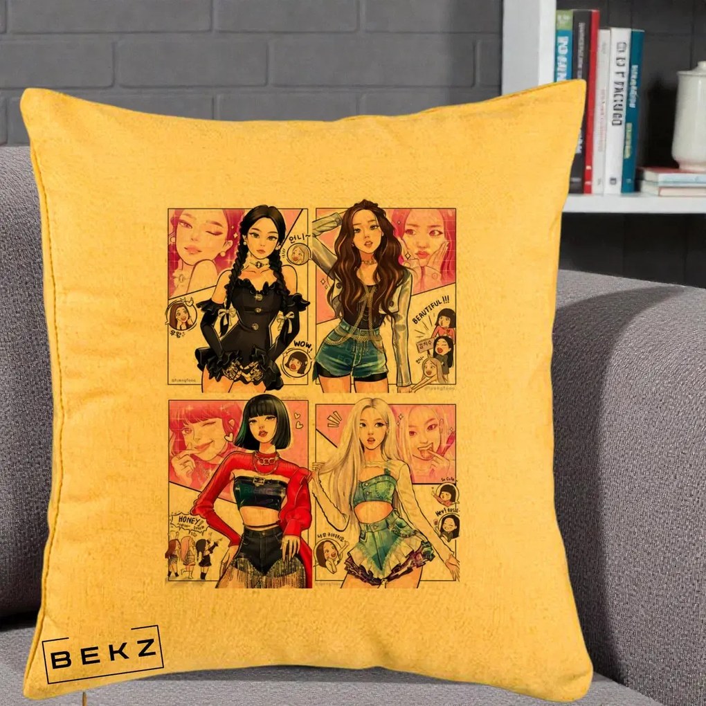 Perna Personalizata K-pop BLACKPINK Fanart Manga Benzi Desenate 4 Membre, 40x40 cm, Galben, Husa Detasabila, Perna Inclusa, BEKZ®