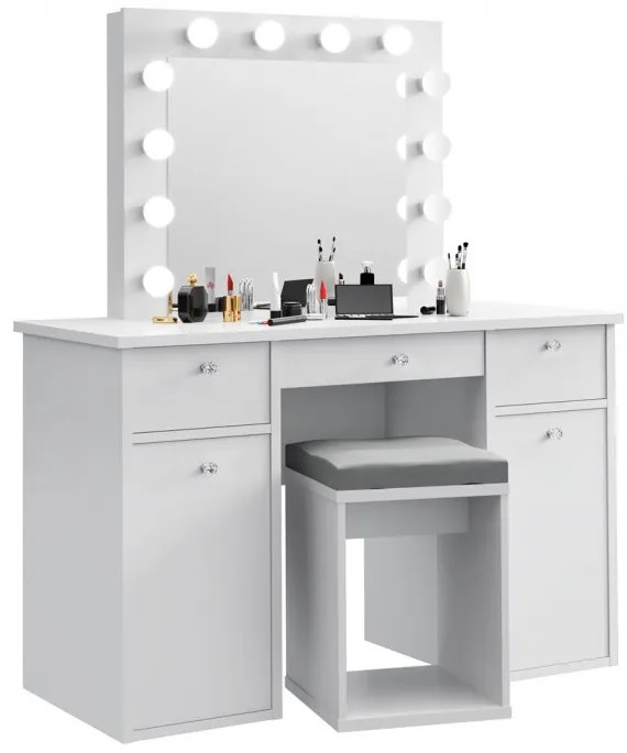 SEA537 - Set Masa toaleta cosmetica 120 cm machiaj oglinda masuta vanity, oglinda cu LED-uri - Alb