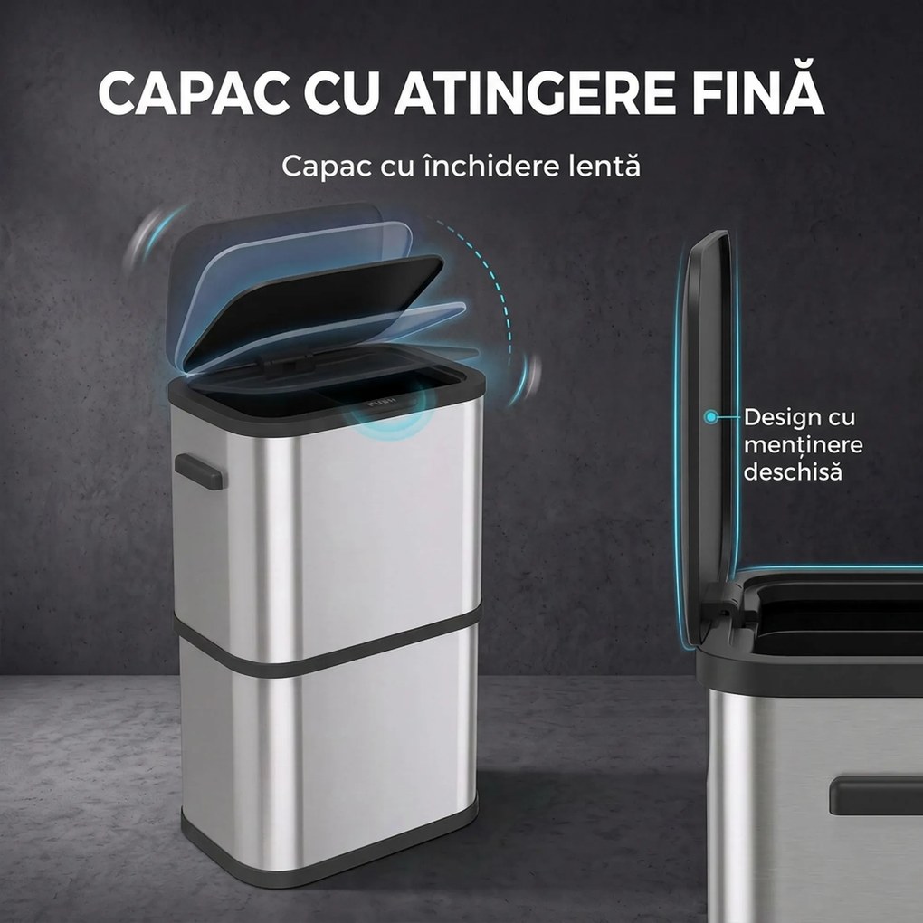HOMCOM Coș de gunoi dreptunghiular 60L din oțel inoxidabil cu capac, închidere amortizată, fixare sac, argintiu | Aosom Romania
