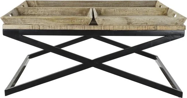 Măsuță de cafea pătrată din lemn și metal, natur și negru, cu 3 tăvi detașabile, finisaj mat, 55 x 120 x 120 cm, „Traywood” – Ethnic Collections