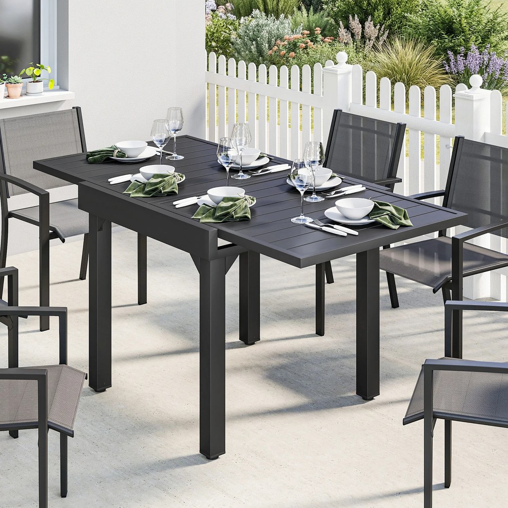 Outsunny Masă de Bucătărie Extensibilă pentru Terasă, 4-6 Persoane, 80-160 cm Masă Extensibilă din Aluminiu cu Blat din Lamele, Negru | Aosom Romania