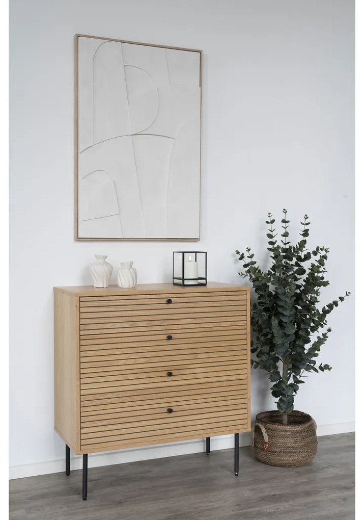 Comodă Kyoto, 4 sertare, furnir de stejar, natural, picioare din metal negru 80x40x85 cm