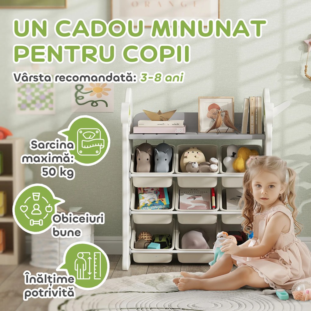 AIYAPLAY Etajeră pentru Copii, Organizator de Depozitare Jucării cu 4 Niveluri și 9 Coșuri, 77x42x94 cm, Crem Alb | Aosom Romania