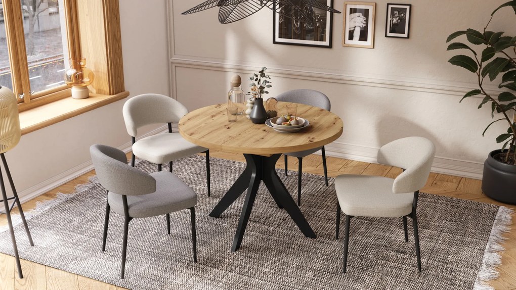 Mazzoni RENZO Stejar Artisan/picior negru - MASĂ ROTUNDĂ Ø110 EXTENSIBILĂ PÂNĂ LA 180 cm | PENTRU BUCĂTĂRIE SUFRAGERIE LIVING RETRO
