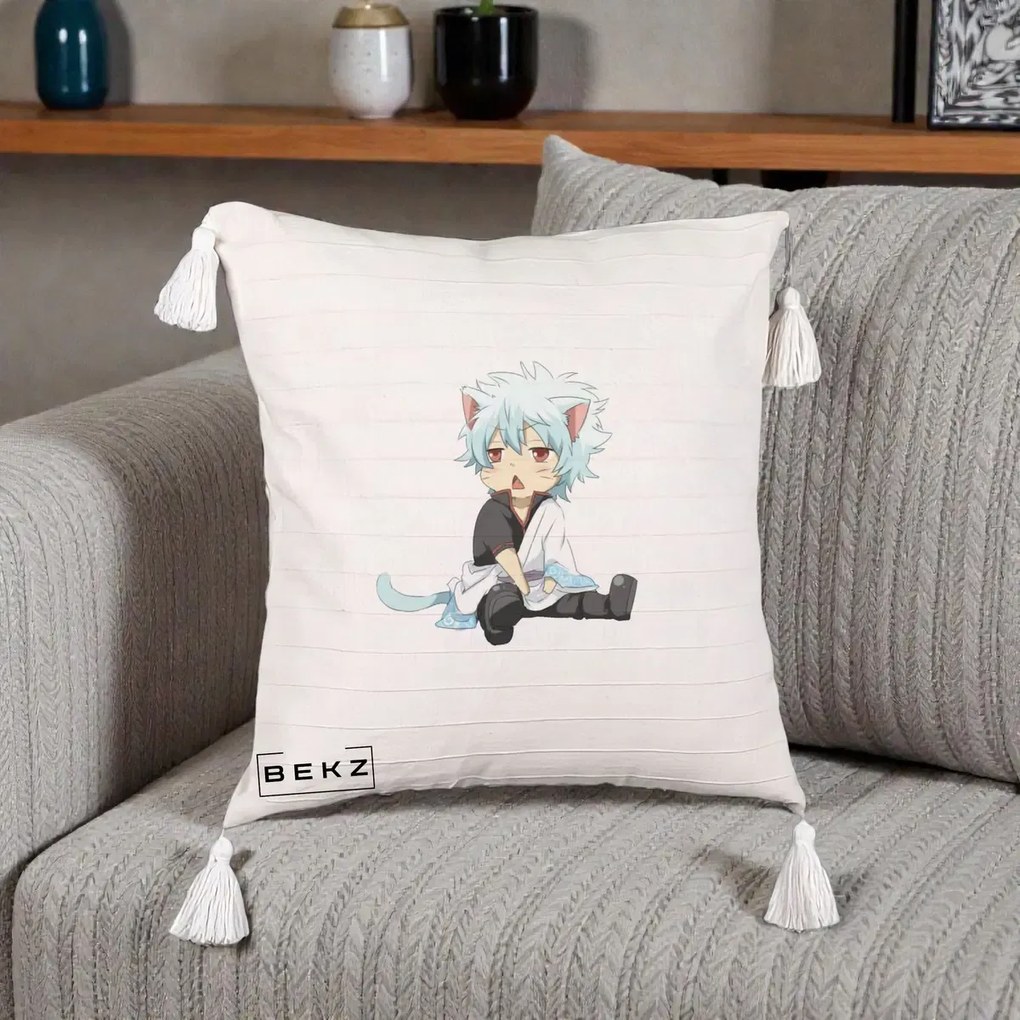 Perna Personalizata Gintama Gintoki Chibi Pisica, 40x40 cm, Bej cu Franjuri, Husa Detasabila, Perna Inclusa, BEKZ®