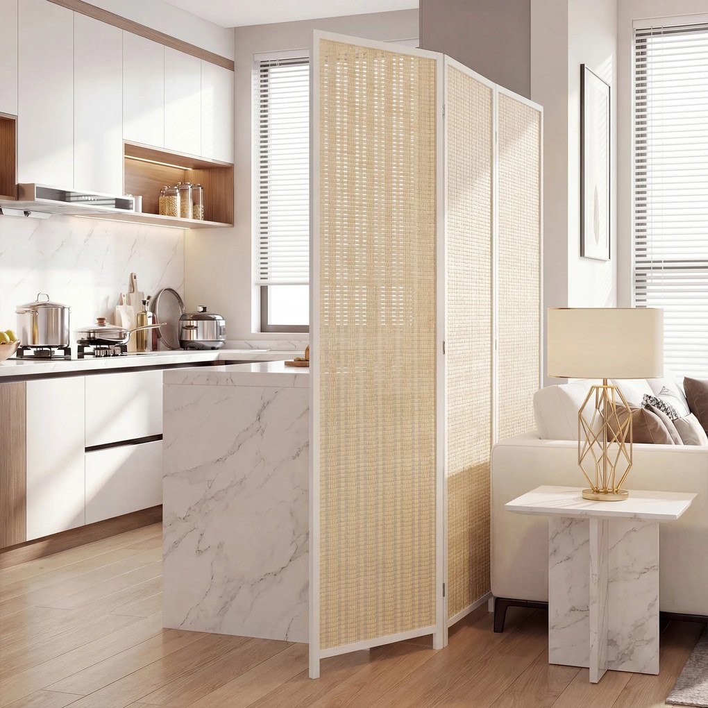 HOMCOM Paravan de Interior cu 3 Panouri, Pliabil, din Lemn și Bambus, 180 cm, Stil Boho, Natur/Alb | Aosom Romania