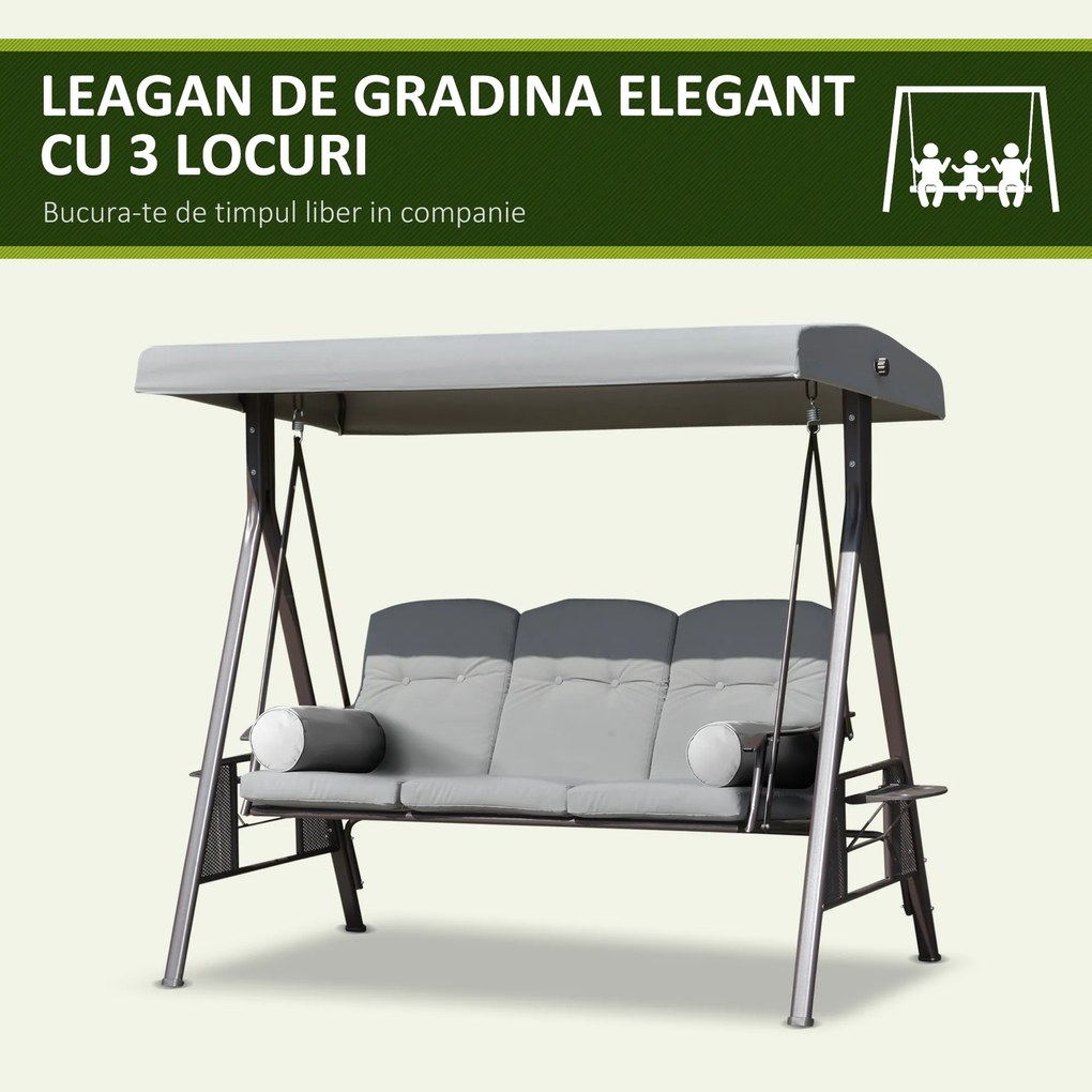 Outsunny Balansoar pentru 3 Persoane cu Acoperiș Reglabil și Suporturi Laterale, Gri Deschis | Aosom Romania