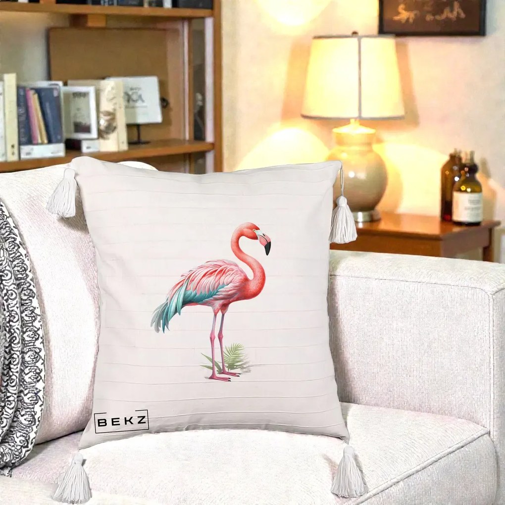 Perna Decorativa Flamingo Roz cu Pene Teal, 40x40 cm, Bej cu Franjuri, Husa Detasabila, Perna Inclusa, BEKZ®