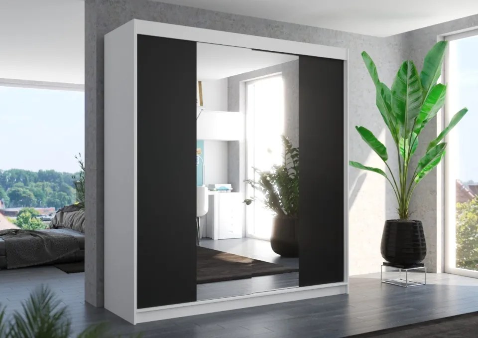 Dulap cu usi glisante si oglinda 200x200 cm, Perqs, ADRK Furniture (Culoare: Alb / Alb)