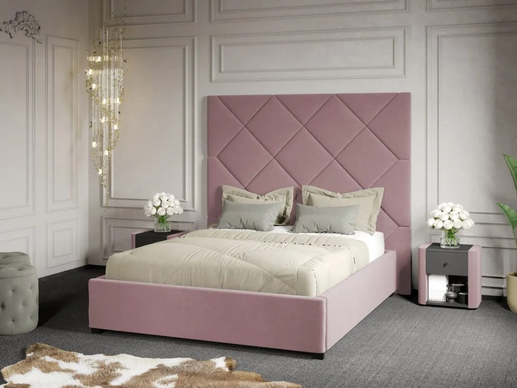 Pat Tapitat cu Panou 191x170 C2 Dubai cu somiera fixa Roz - Velluto 14 140x200