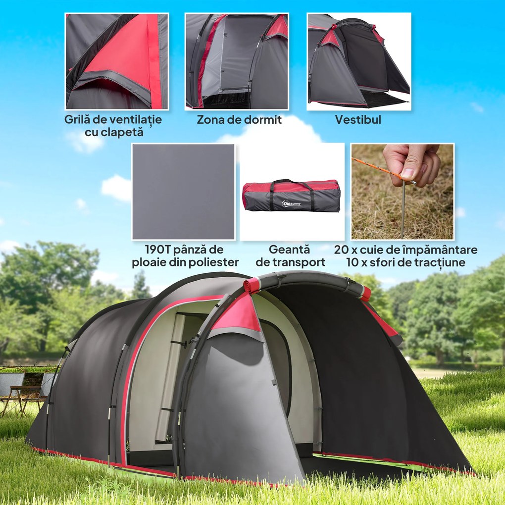 Outsunny Cort pentru Camping 2 Locuri cu Vestibul Mare, Cort Impermeabil Usi cu Fermoar, 426x206x154cm Gri | Aosom Romania