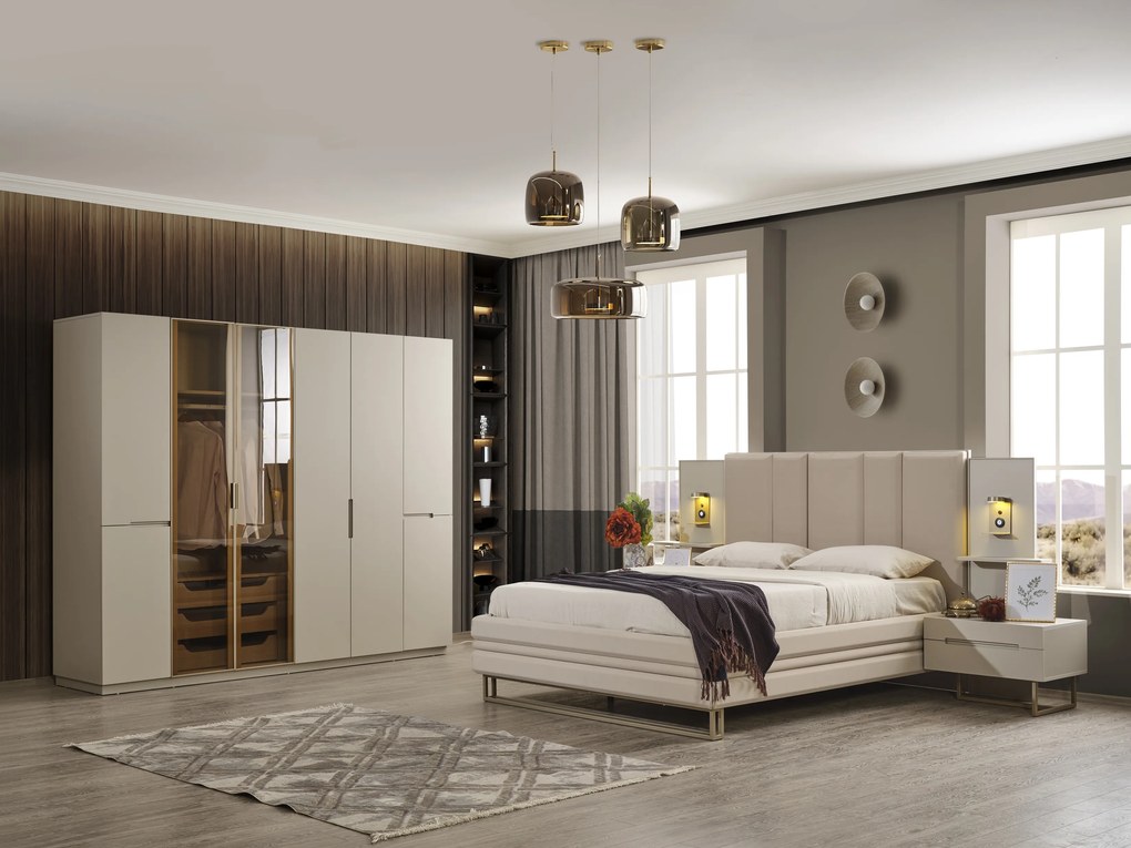 Set dormitor cu pat, noptiere, dulap, comoda din mdf crem si picioare metalice - riva