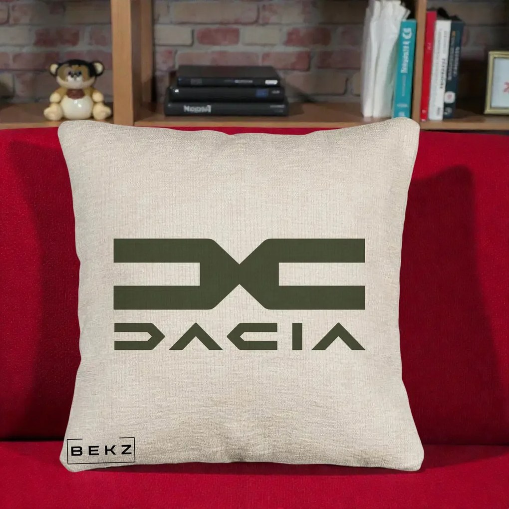Perna Personalizata cu emblema Dacia, 40x40 cm, Bej Canapea, Husa Detasabila, Perna Inclusa, BEKZ®