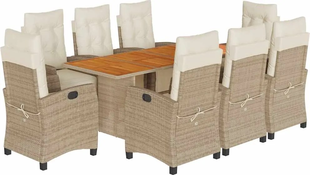 vidaXL Set de masă pentru grădină, 9 piese, cu perne, bej, poliratan